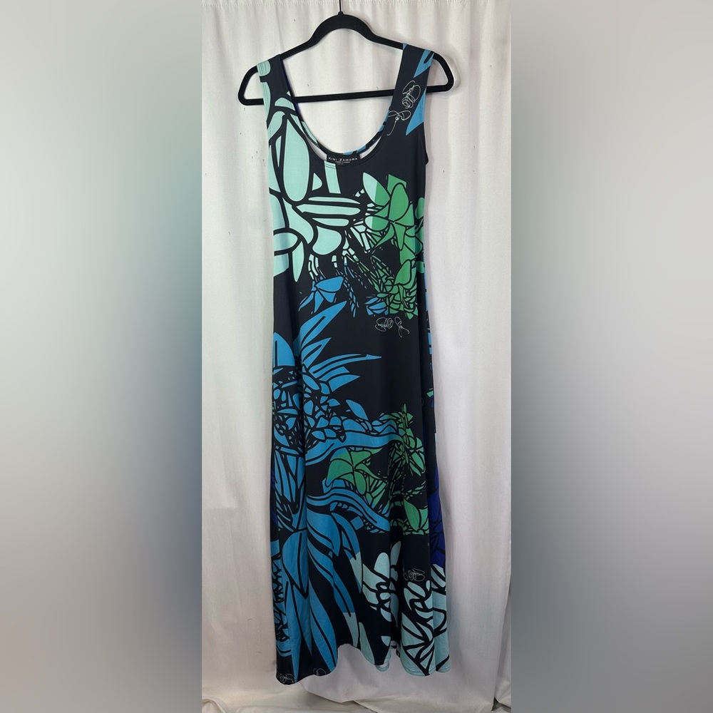 Kini Zamora Floral Maxi Dress in Black Blue and Green Size Medium EUC